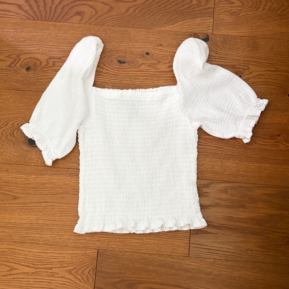White Smocked Puff Sleeve Top